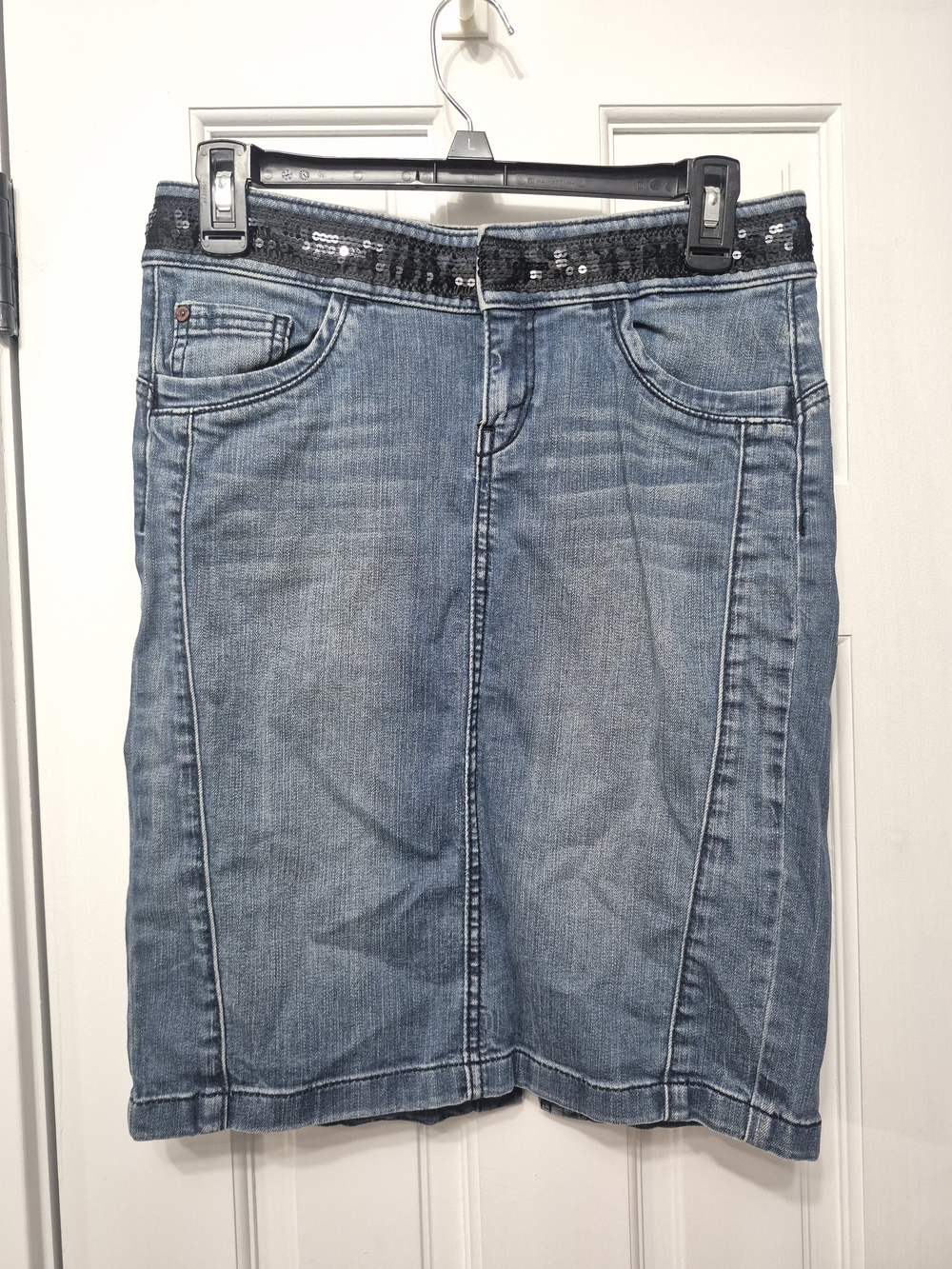 Vintage Y2k ESPRIT Sequined Waist Denim Skirt - Light Blue
